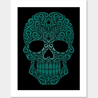 Teal Blue Swirling Sugar Skull Posters and Art